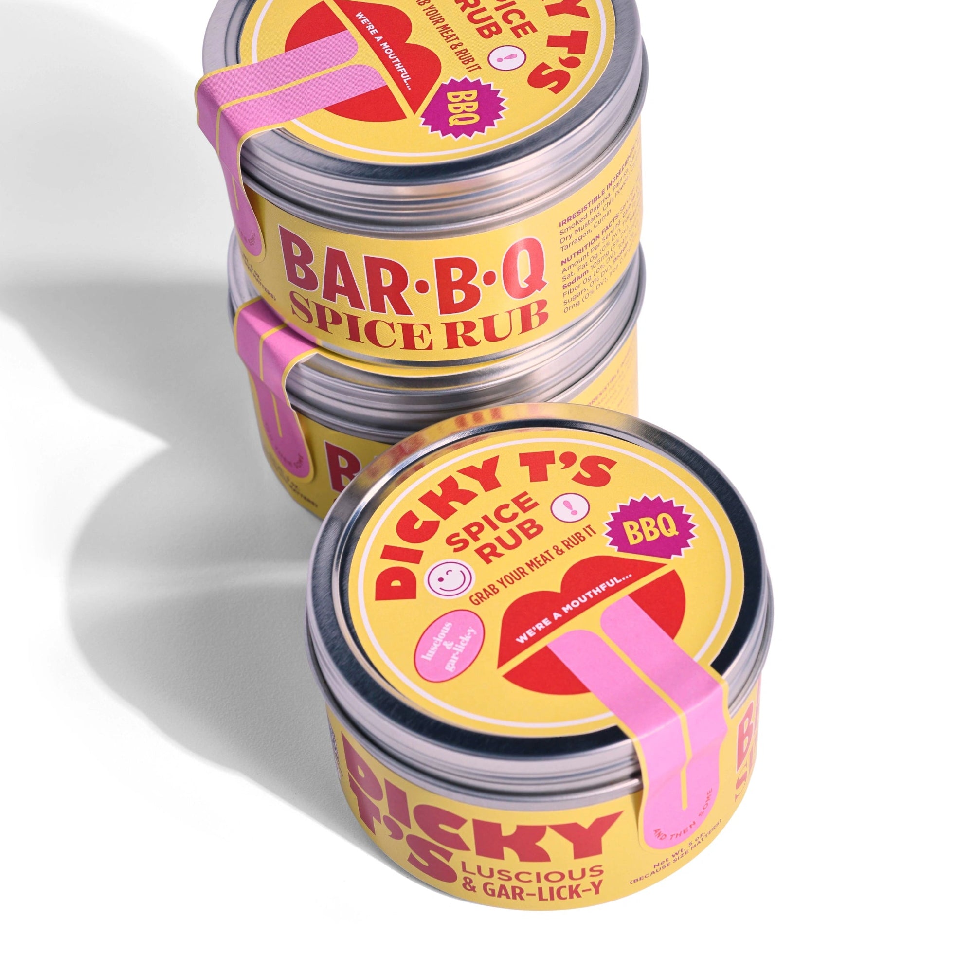 Three containers of Dicky T's bbq Spice Rub on a white background