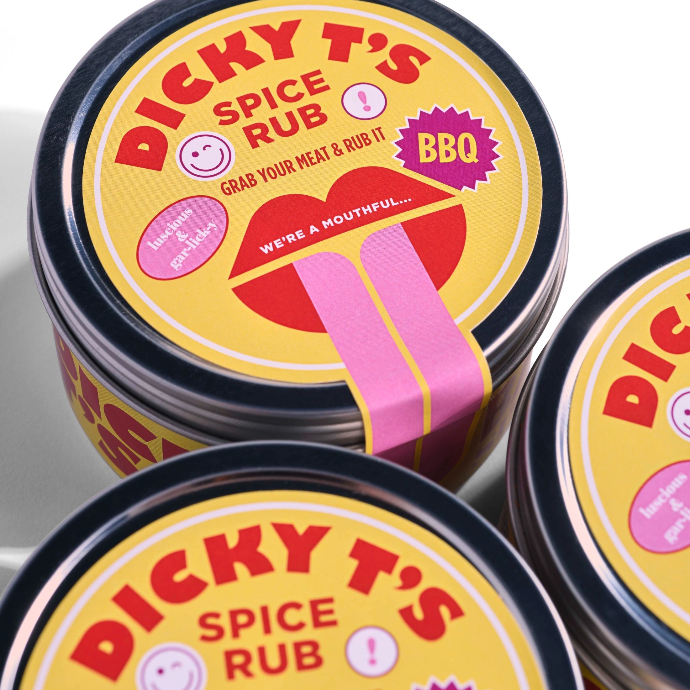 Three jars of Dicky T's BBQ Spice Rub on a white background